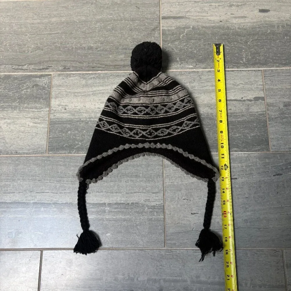 J.Crew Wool Knit Tassel Pom Pom Hat with Ear Flaps Black/Gray One Size